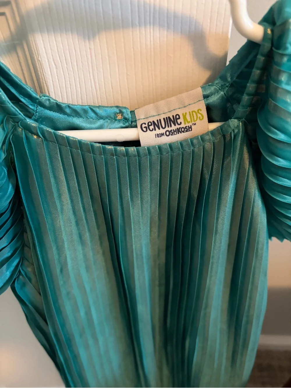 OshKosh B'gosh Teal Pleated Flutter-Sleeve Liquid Gold Girls Top or Dress EUC